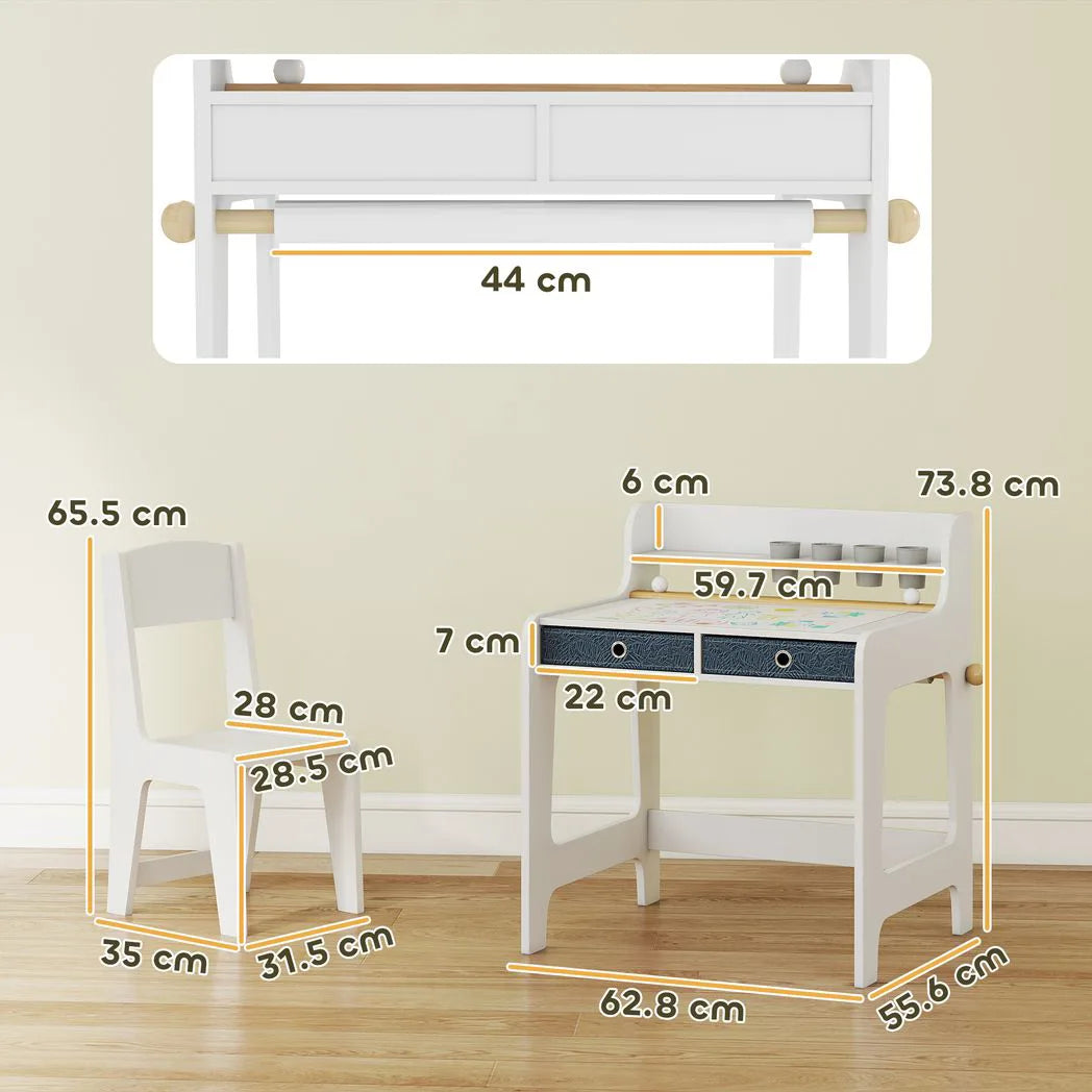 AIYAPLAY Kids Art Table and Chair Set with Storage Shelf, Drawers and Paper Roll Holder – Children's Desk, White