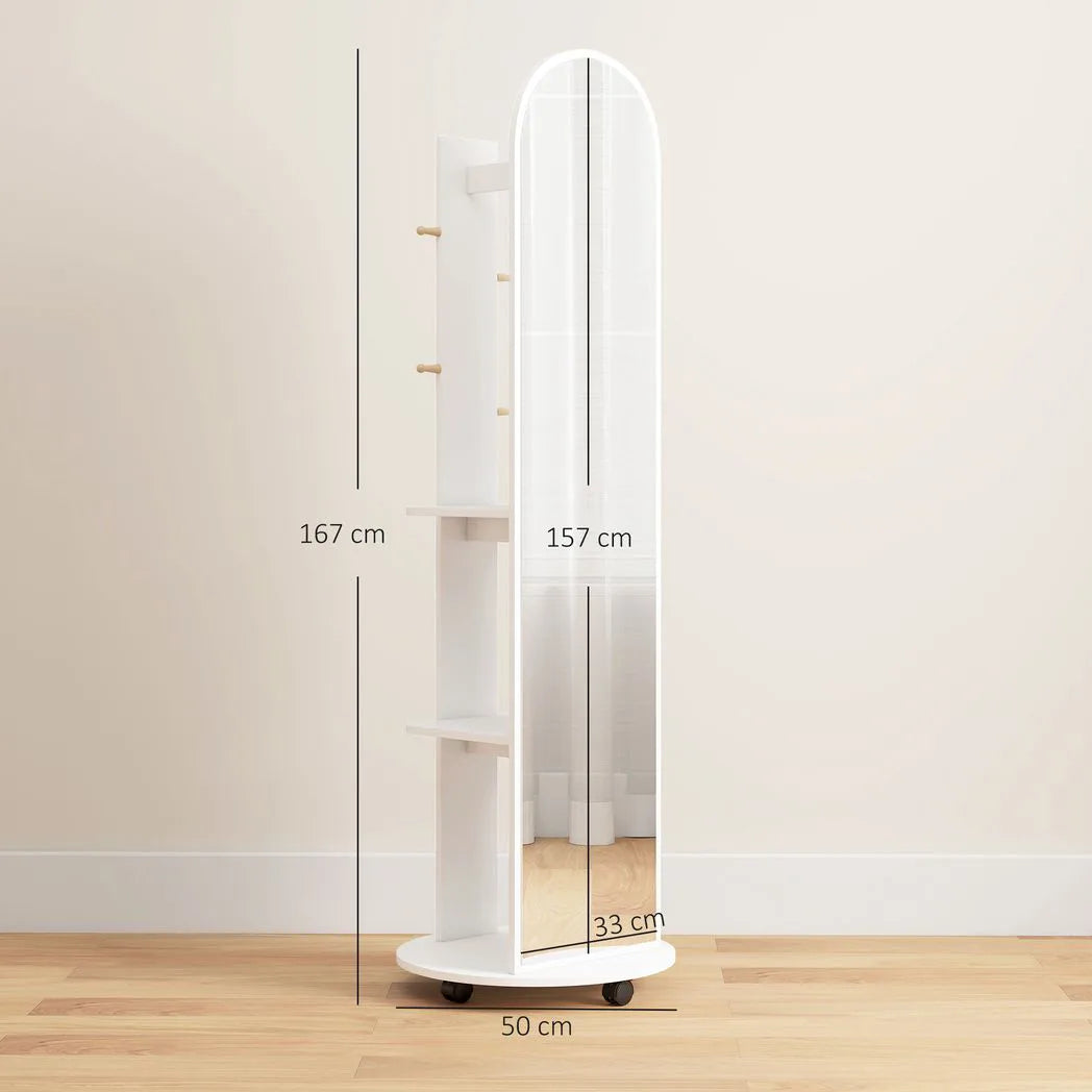 HOMCOM 2-in-1 Full Length Mirror with Storage Shelves, Floor Mirror with 4 Wheels, Coat Rack, Hooks