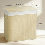HOMCOM 3 Section Laundry Basket with Lid, 144L Bamboo Laundry Hamper with Handles and Liner, Cream White