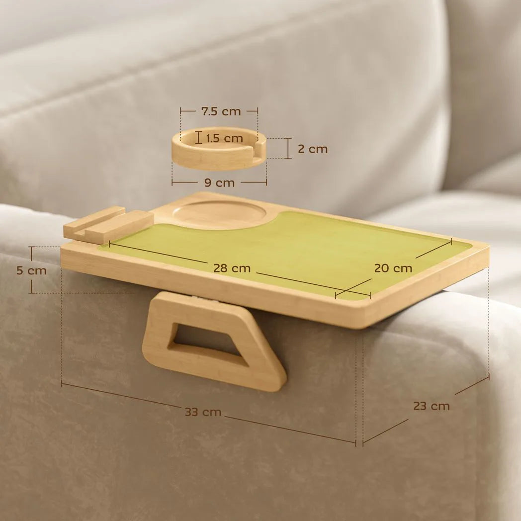 HOMCOM Anti-Slip Bamboo Sofa Armrest Tray with 360° Phone Holder & Removable Cup Holder – Natural