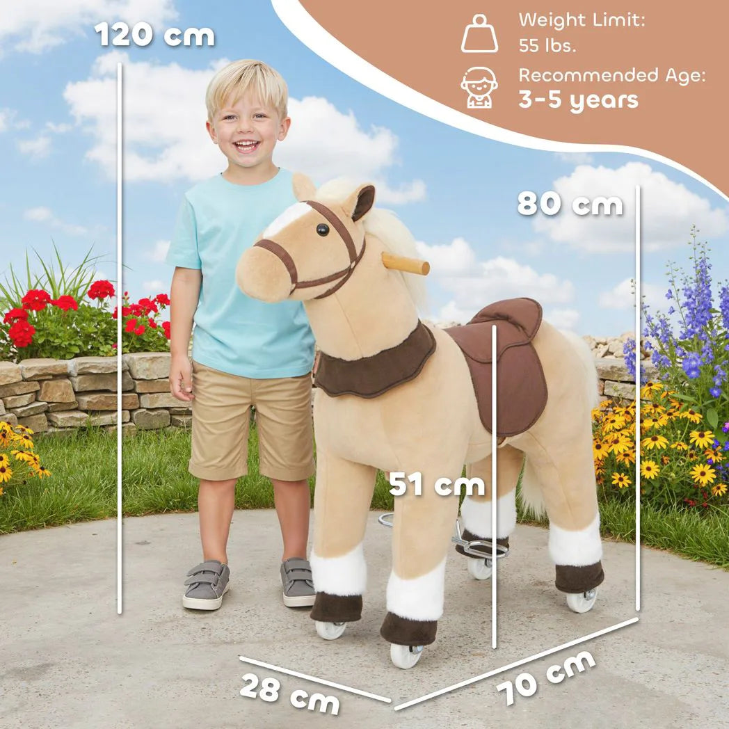 AIYAPLAY Plush Rocking Horse Ride On Pony with Wheels, Saddle & Handlebars – Kids 3–5 Years, Brown