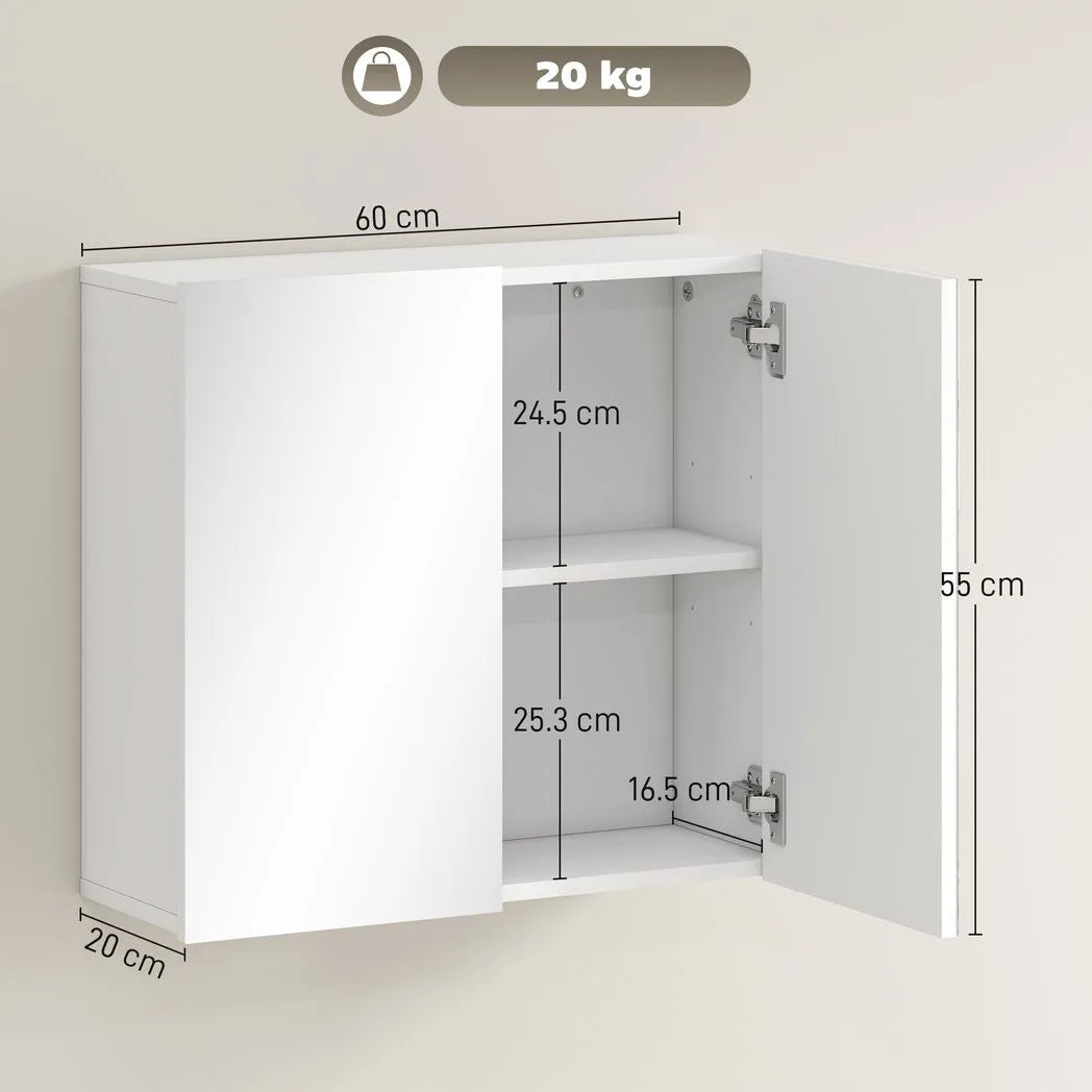 HOMCOM Double-Door Wall-Mounted Bathroom Mirror Cabinet with Adjustable Shelf – Bathroom Storage, White
