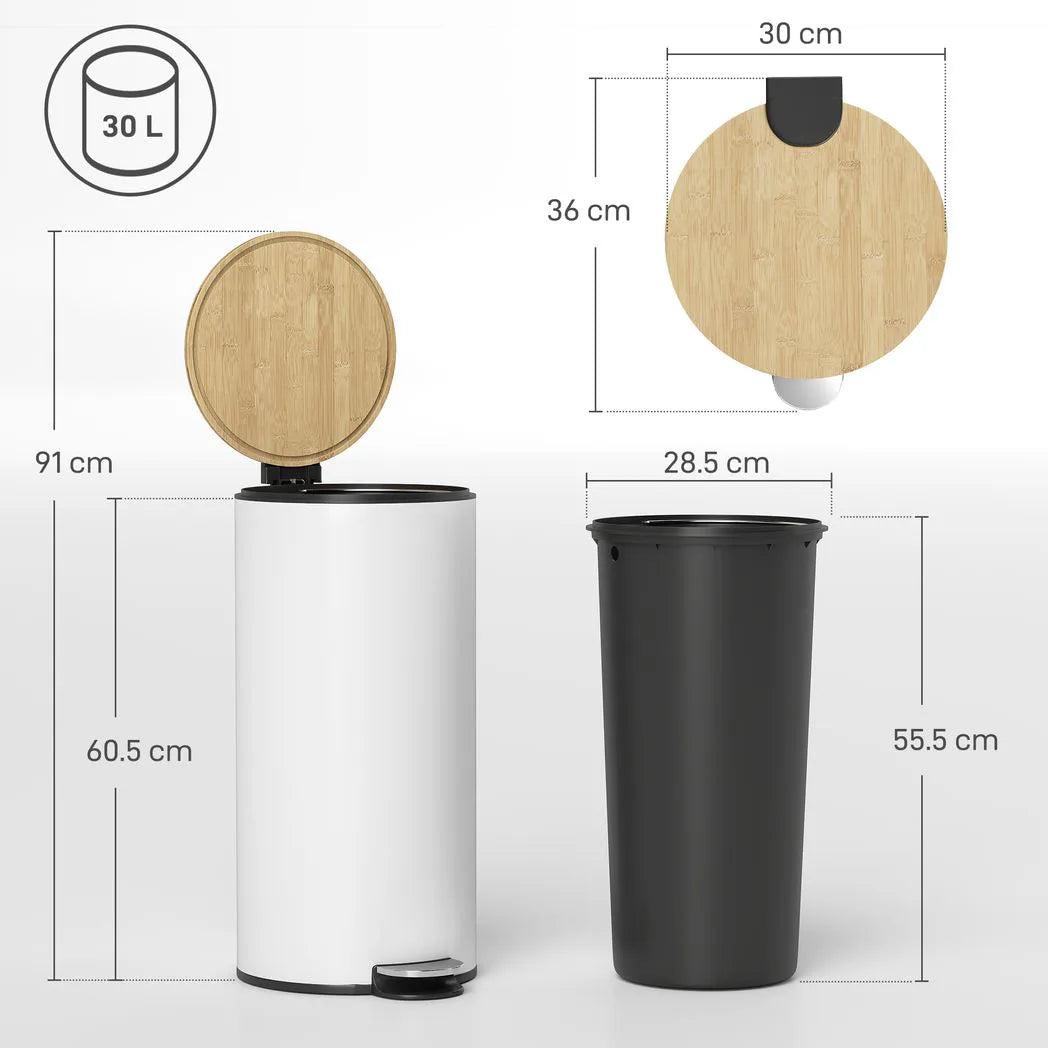 HOMCOM 30L Kitchen Pedal Bin with Removable Bucket and Soft-Close Lid – Fingerprint-Resistant, White and Natural
