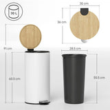 HOMCOM 30L Kitchen Pedal Bin with Removable Bucket and Soft-Close Lid – Fingerprint-Resistant, White and Natural