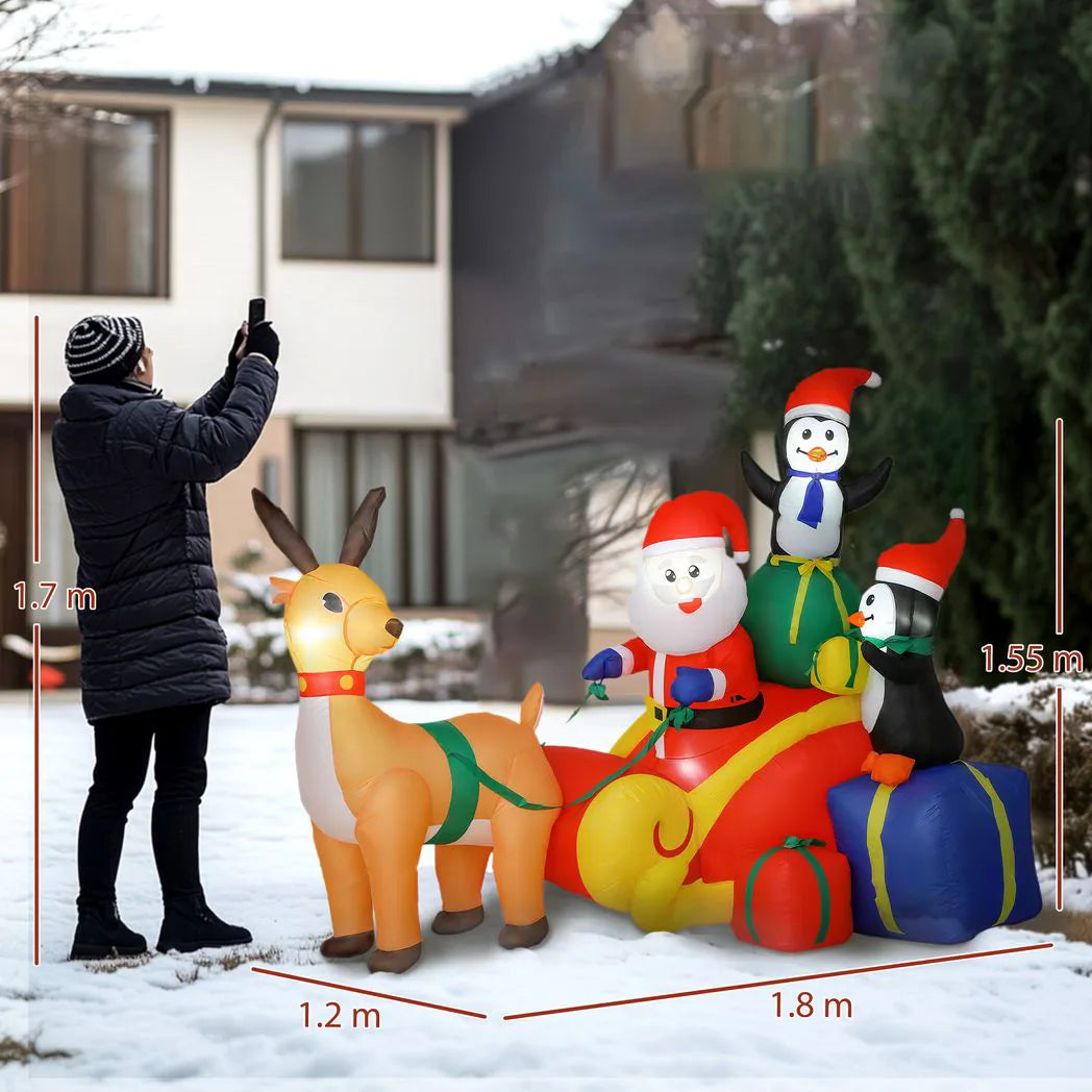 Outsunny 6ft Inflatable Santa Sleigh Christmas Decoration with Built-In LEDs – Outdoor Blow-Up Display