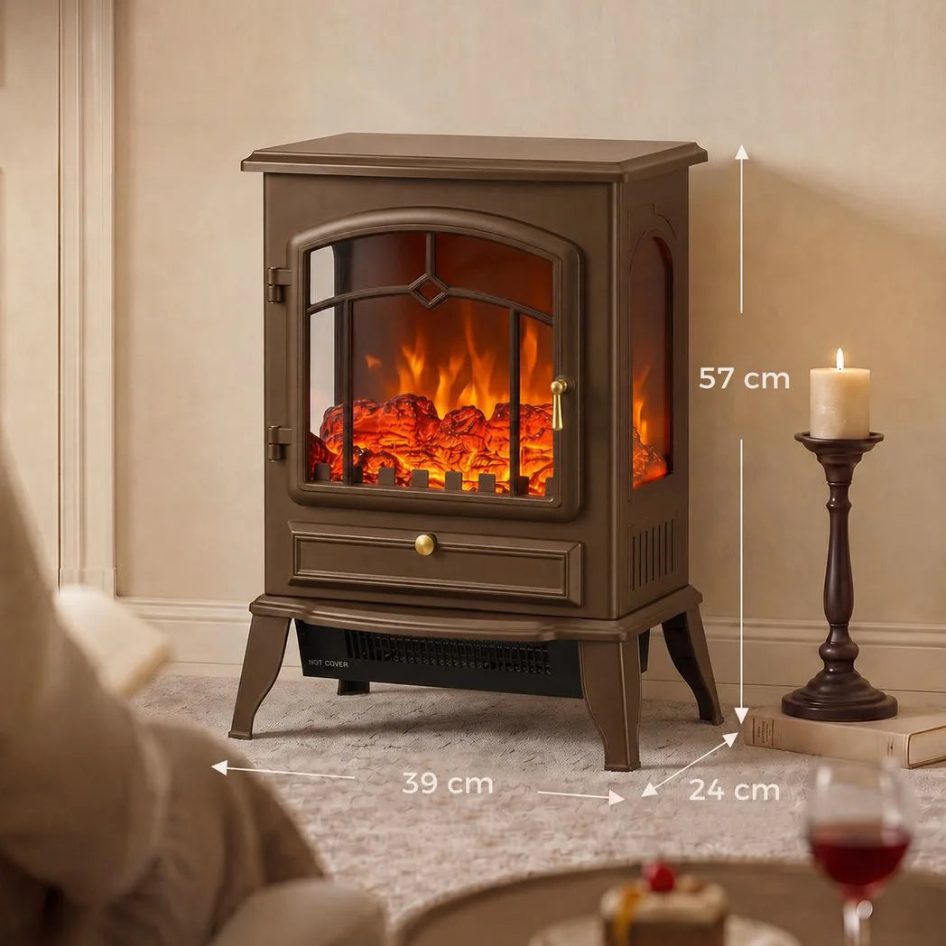 HOMCOM 3-Sided Electric Fireplace Stove, 1000W/2000W Freestanding Heater with 3D Flame Log – Brown