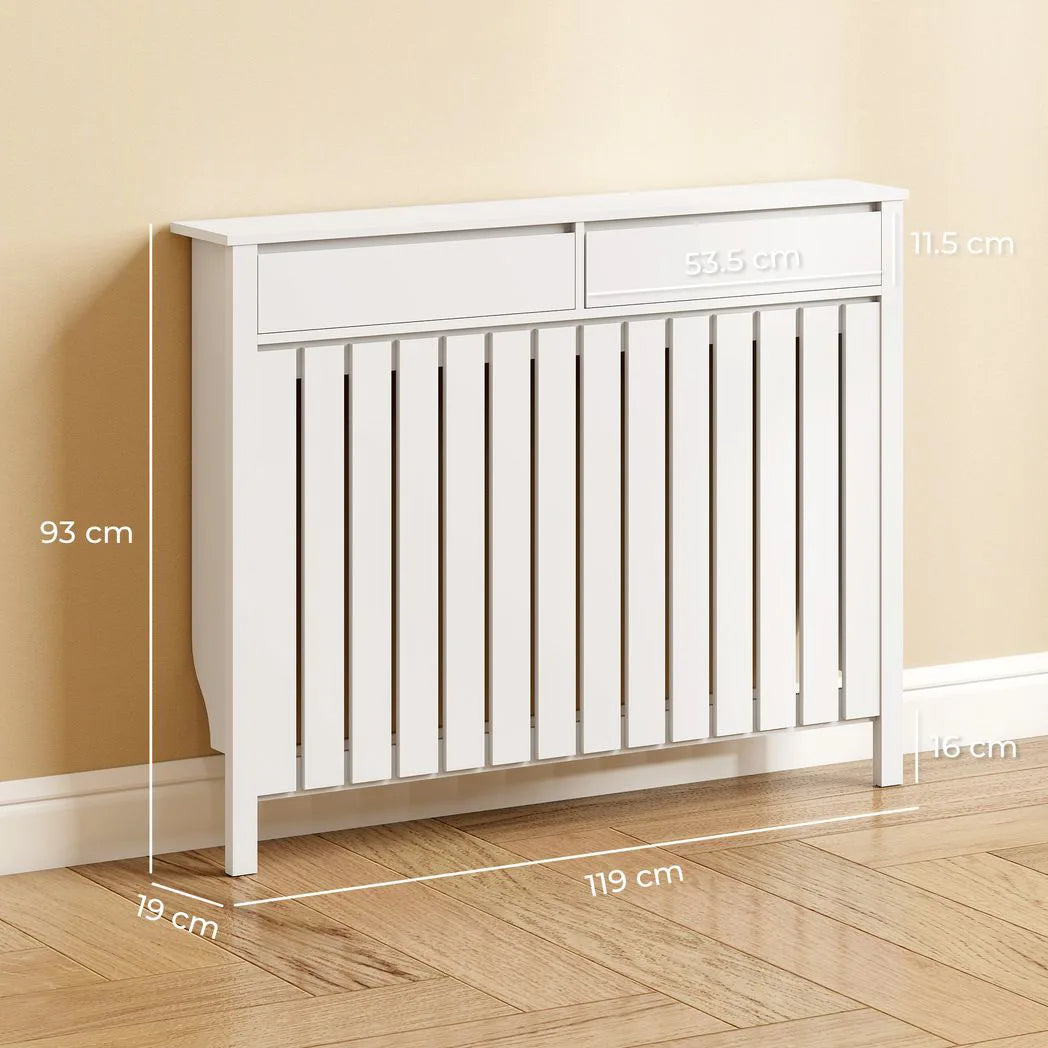 HOMCOM Rustic-Look Radiator Cover with Top Drawers and Slats, 93 x 119cm – Slimline Heater Cabinet, White