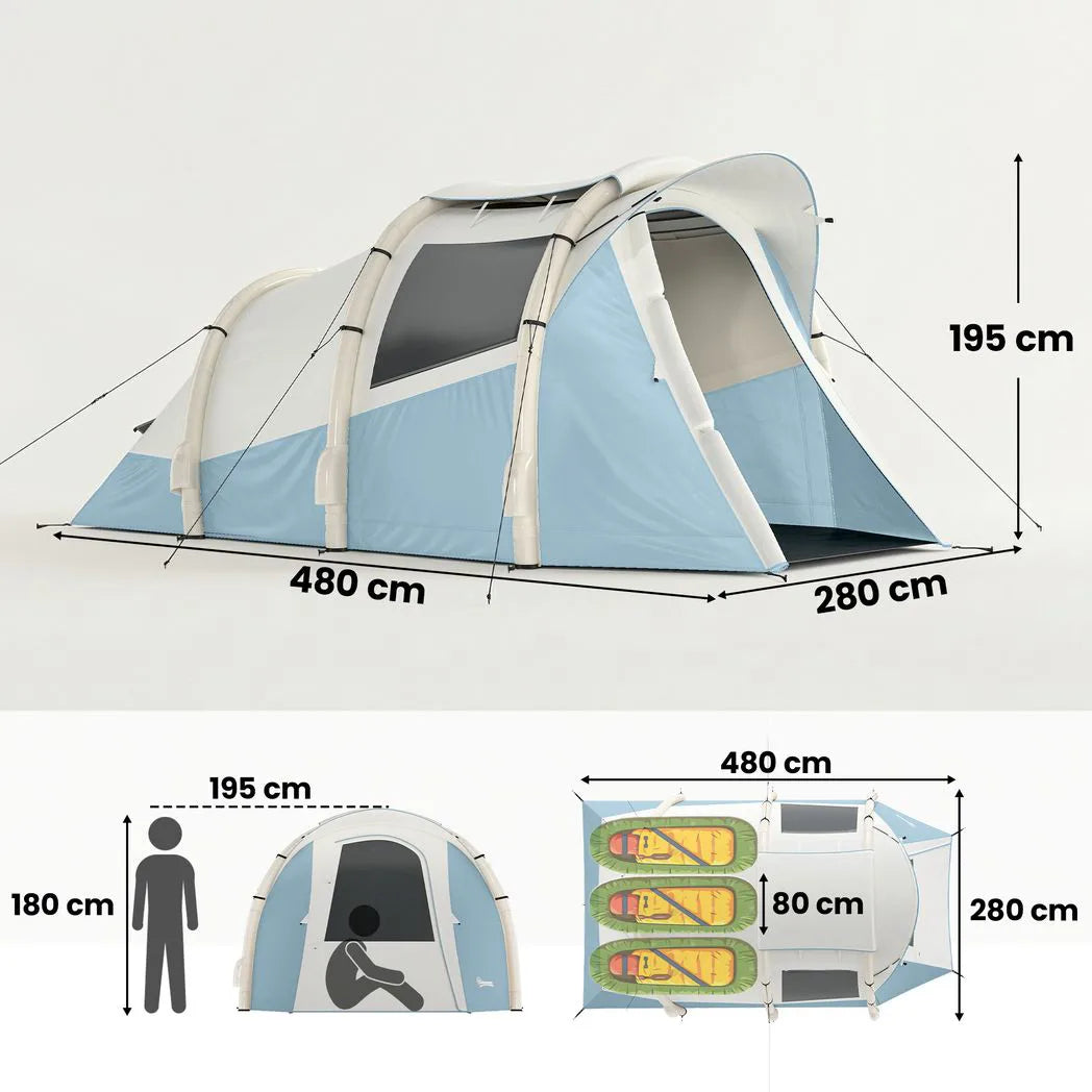 Outsunny Inflatable Camping Tent with Air Pump & 2 Rooms – Easy Setup 2–3 Person Blow Up Tent, Light Blue