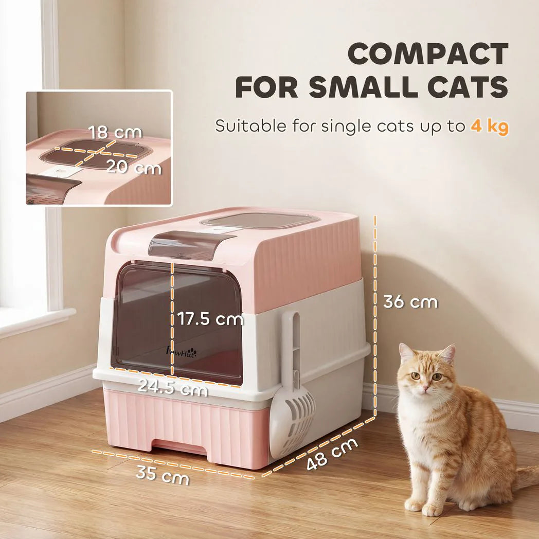 PawHut Enclosed Cat Litter Box with Pull-Out Drawer, Scoop & 2 Deodorisation Bags – Top Exit, Pink