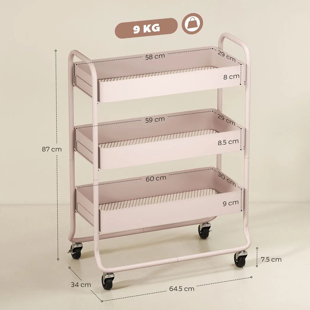 HOMCOM 3-Tier Storage Trolley on Wheels with Mesh Baskets – Rolling Utility Cart for Home, Light Pink