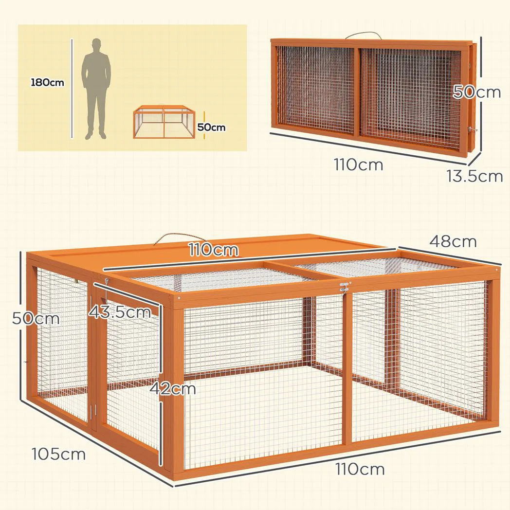 PawHut Wooden Folding Rabbit Hutch for 2–3 Rabbits with Built-In Handle – Outdoor Guinea Pig Run, Orange