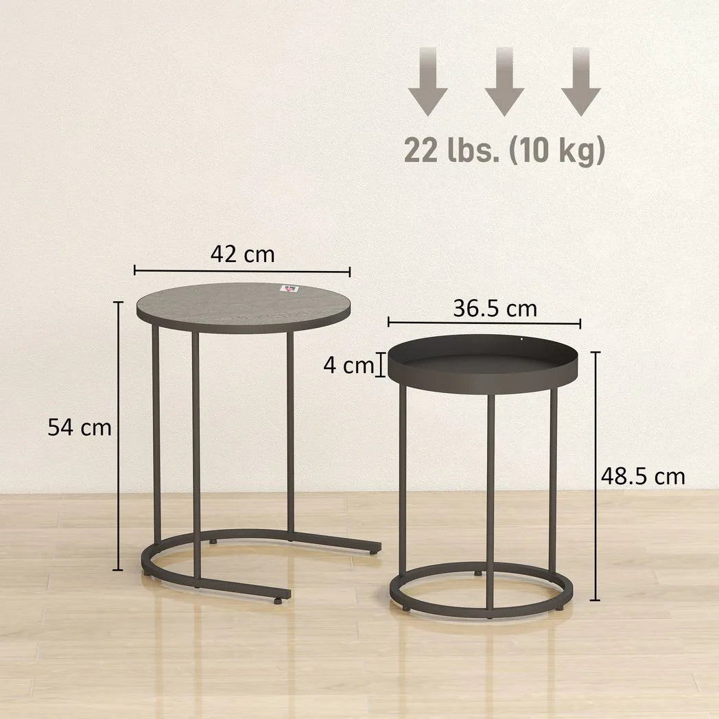 HOMCOM Set of Two Industrial Round Nesting Tables with Metal Frames – Coffee and Side Tables, Grey