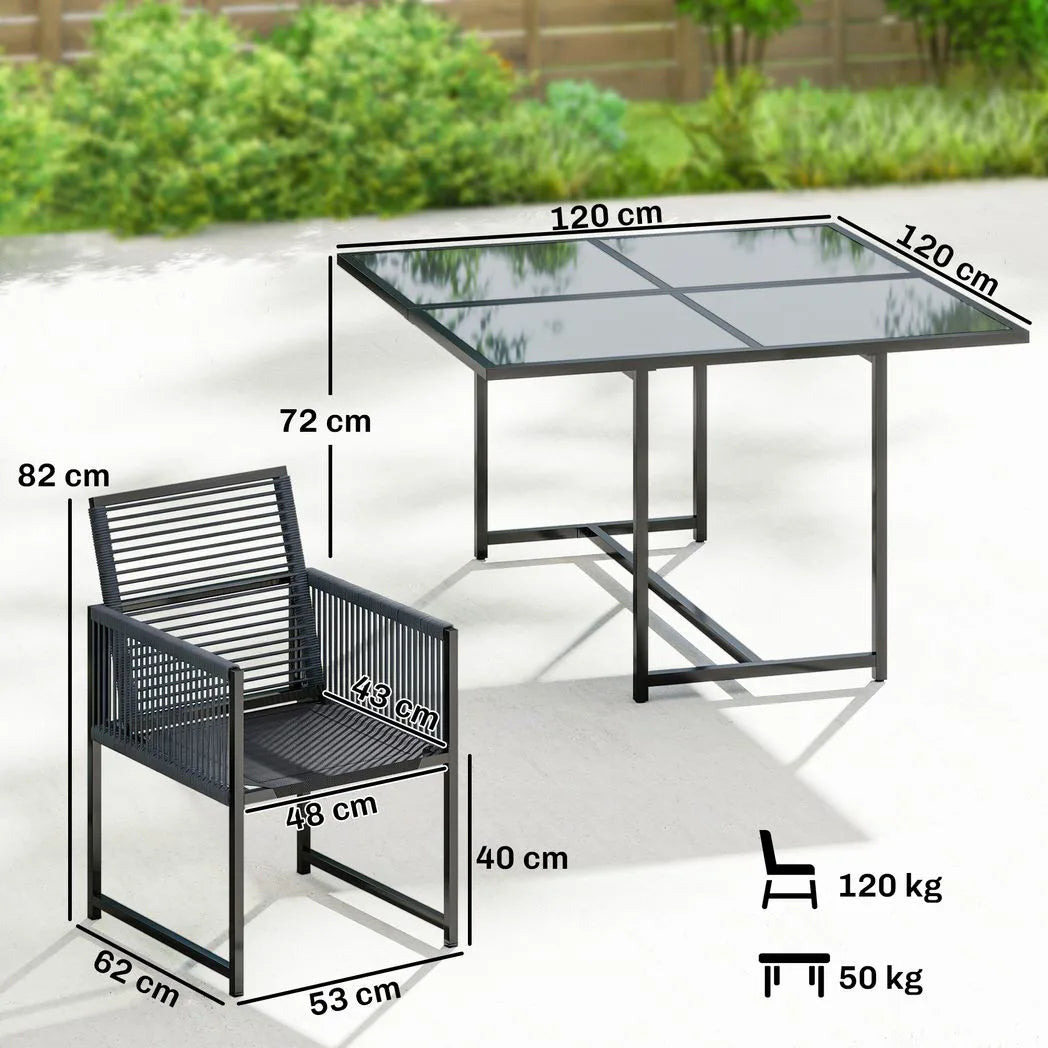 Outsunny 5 Piece Garden Dining Set for 4 with Glass-Top Table and Foldable Backrest Chairs – Outdoor Patio Cube Set, Dark Grey