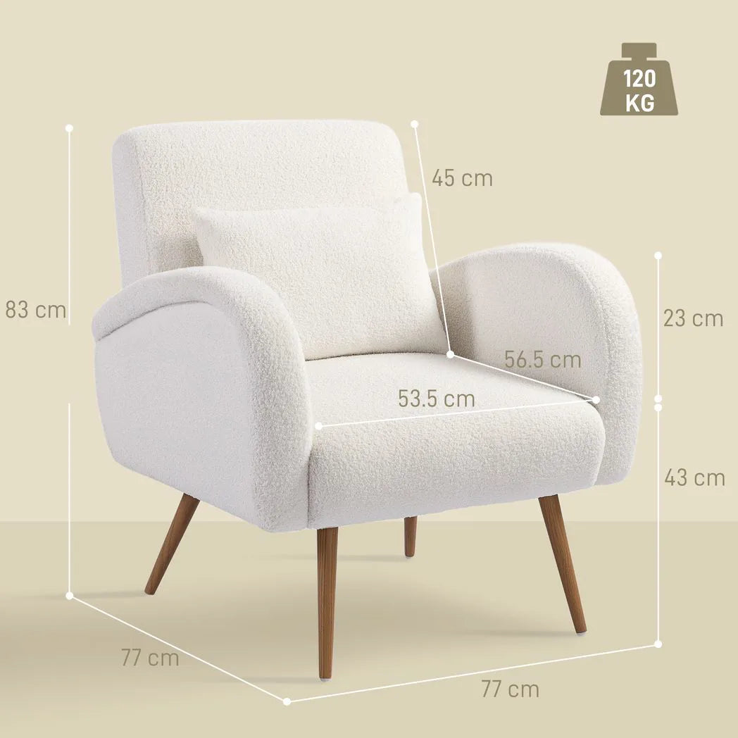 HOMCOM Teddy Fleece Accent Chair with Metal Legs and Curved Armrests – Living Room Armchair, Cream White
