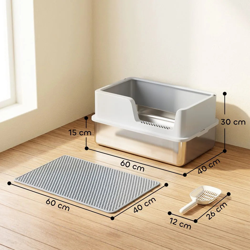 PawHut XL Stainless Steel Cat Litter Tray with Lid, Scoop and Mat – High-Sided Litter Box, Light Grey