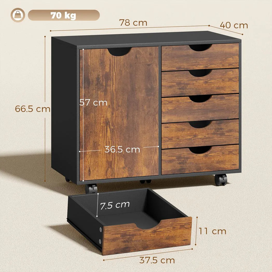 HOMCOM Mobile Office Storage Cabinet with 5 Drawers, Cupboard & Wheels – Study Filing Storage, Rustic Brown