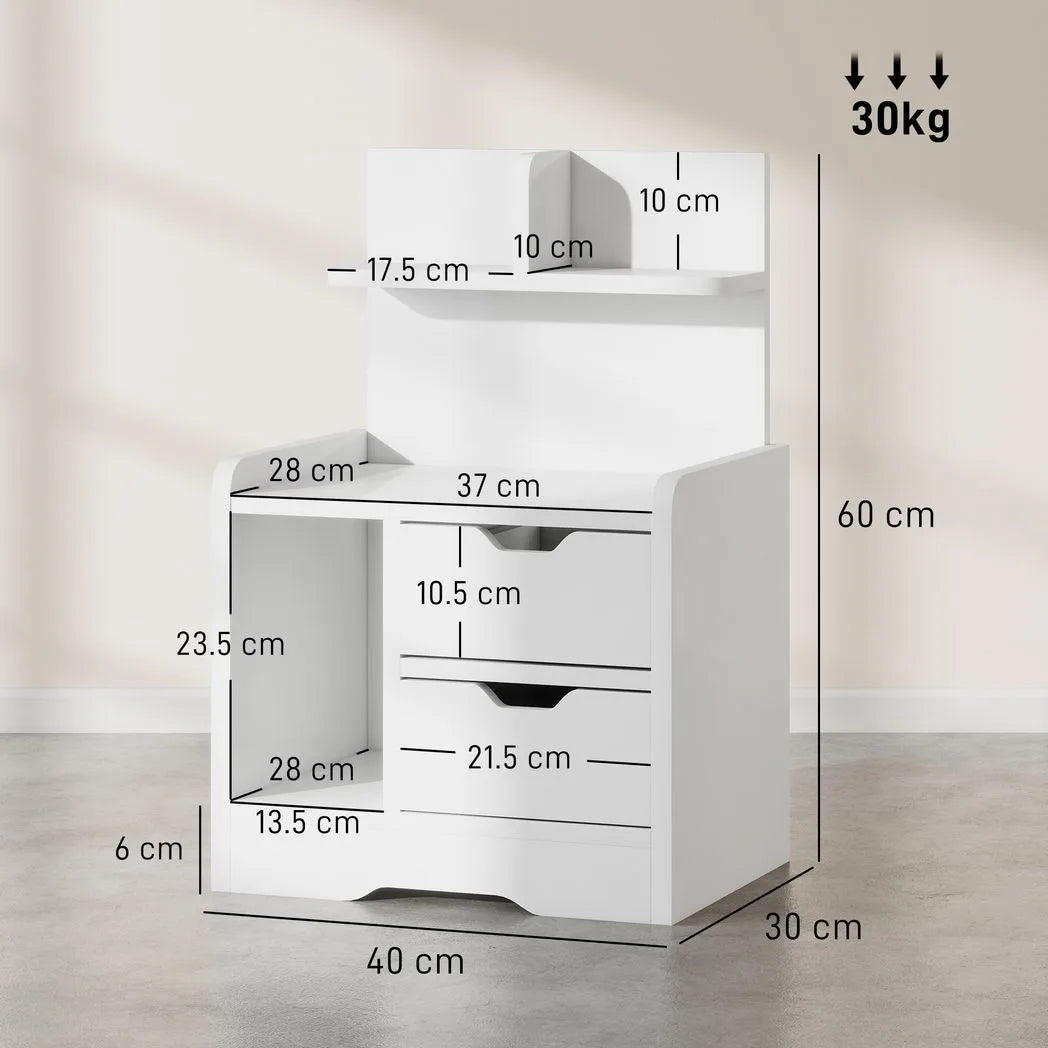 HOMCOM Bedside Table with 2 Drawers and Open Shelves – Cut-Out Handles, High Gloss White Nightstand