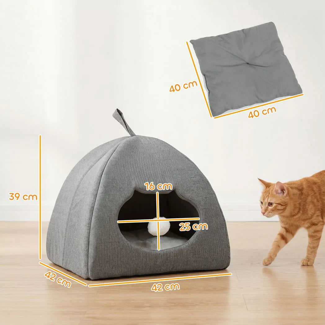 PawHut Cat Cave Bed with Reversible Cushion, Teaser Ball & Anti-Slip Base – Indoor Kitten Igloo House, Grey
