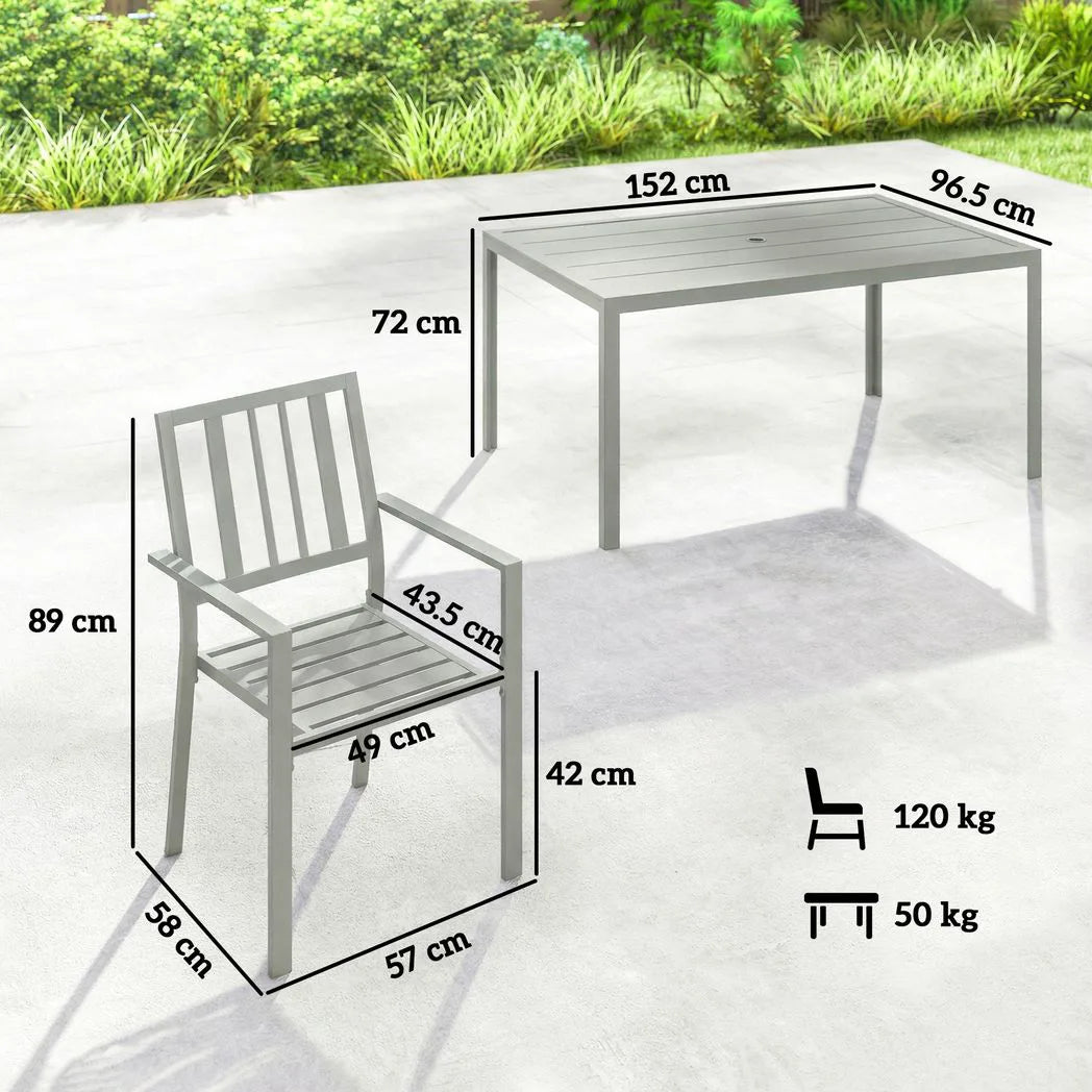 Outsunny 7 Piece Garden Dining Set – 152cm Steel Table with Parasol Hole and 6 Stackable Armchairs, Light Grey