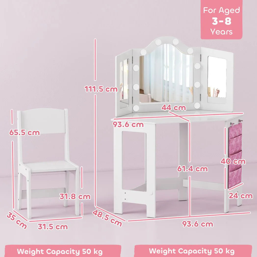 AIYAPLAY Kids Dressing Table and Stool Set with 2-Colour LED Lights, Tri-Folding Mirror and Side Pocket, White