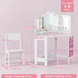 AIYAPLAY Kids Dressing Table and Stool Set with 2-Colour LED Lights, Tri-Folding Mirror and Side Pocket, White