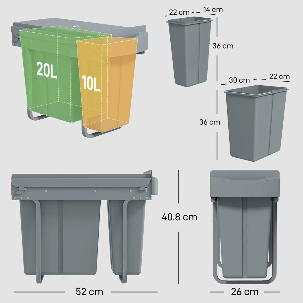 HOMCOM 30L Under-Sink Pull-Out Bin with 2 Removable Containers and Soft-Close Slide – Recycling Bin, Grey