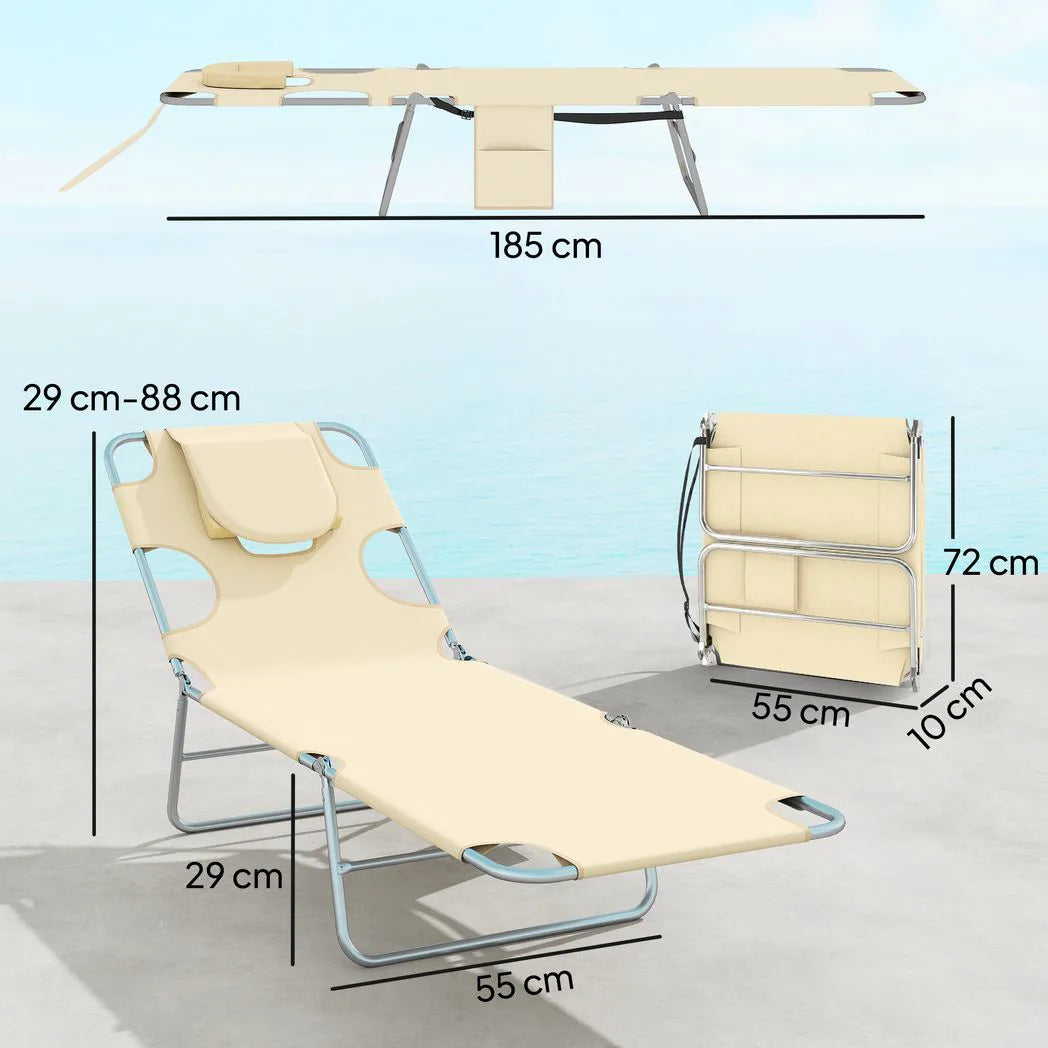 Outsunny Set of 2 Folding Sun Loungers with 5-Position Backrest, Face Hole and Side Pocket, Beige