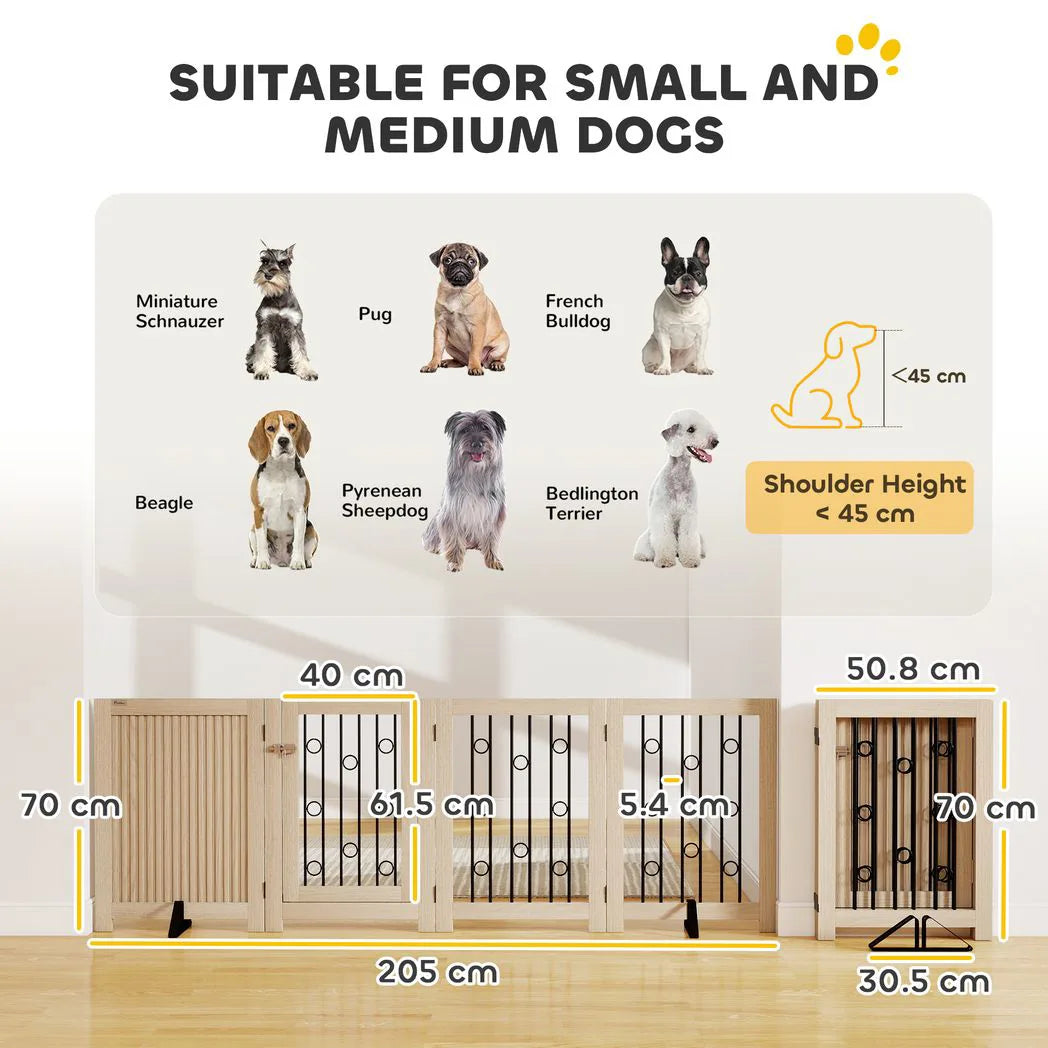 PawHut 4 Panel Freestanding Dog Gate with Lockable Door and Support Feet – Foldable Indoor Barrier, Oak