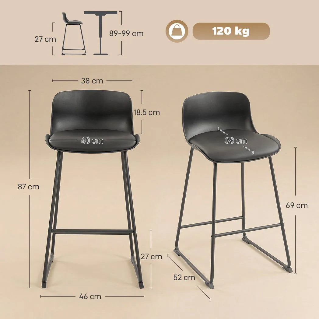 HOMCOM Set of 2 Modern PU Leather Bar Stools with Metal Frame & Footrest – Breakfast Bar Kitchen Chairs, Black