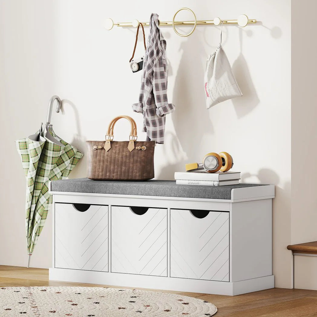 HOMCOM 3-Drawer Padded Shoe Storage Bench with Washable Linen-Look Cushion – 105 cm, White