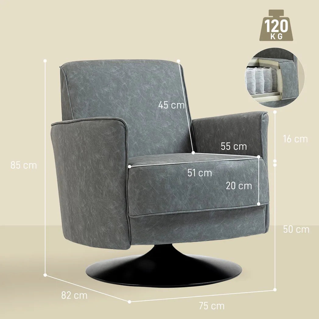 HOMCOM Upholstered 360° Swivel Accent Chair with Thick Padding and Pocket Springs – PU Leather Armchair, Grey