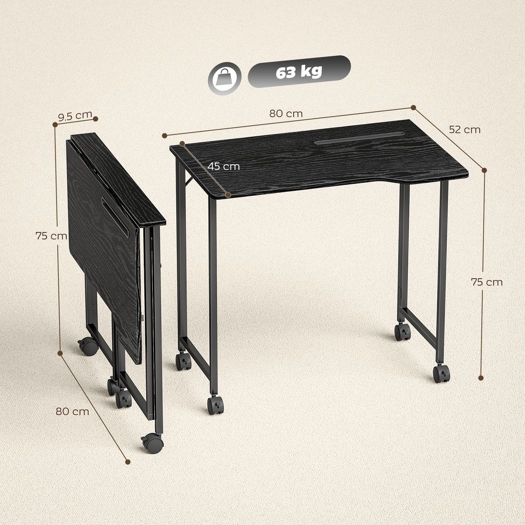 HOMCOM Folding Small Desk on Wheels – Space-Saving Computer Desk with Phone Slot, Black Wood Effect