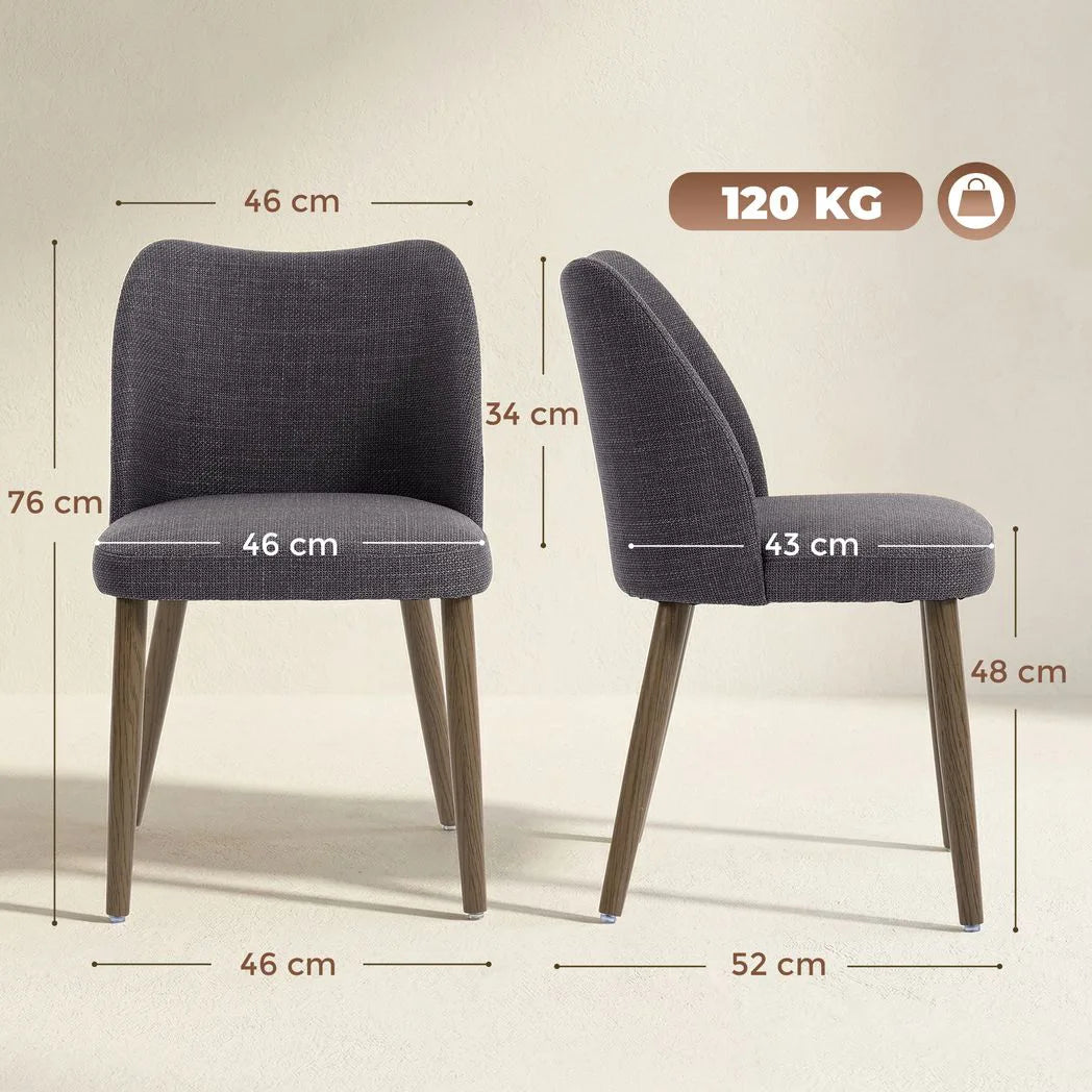 HOMCOM Set of 2 Linen Dining Chairs with Curved Backrest & Rubberwood Legs – Padded Kitchen Chairs, Dark Grey