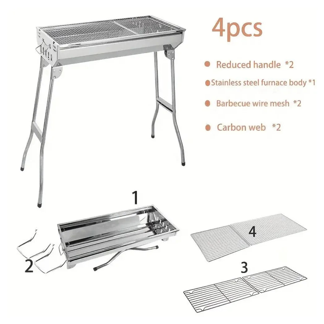 Folding Charcoal BBQ Grill, Portable Stainless Steel Barbecue with Two Mesh Panels – Garden, Picnic & Camping