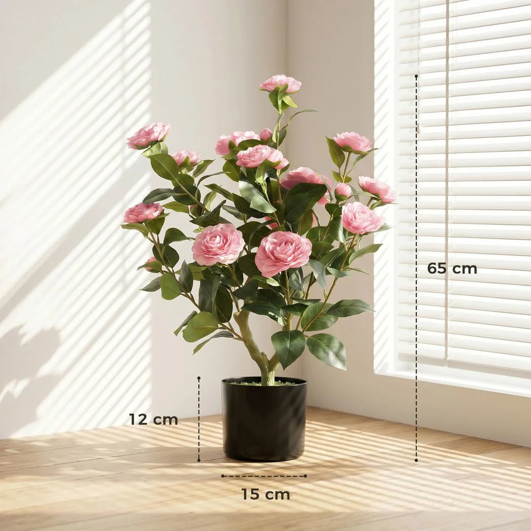 HOMCOM 65cm Artificial Camellia Flower Plant in Pot with 116 Lush Leaves & Moss Effect, Pink