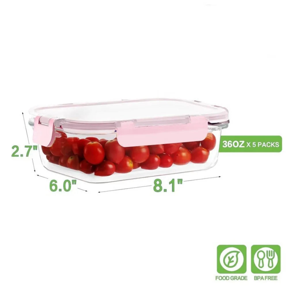 5-Piece Borosilicate Glass Food Storage Container Set with Airtight Snap Lock Lids – Meal Prep, Pink