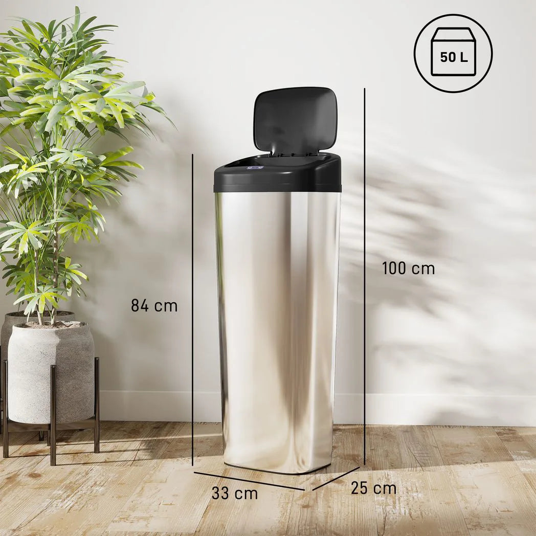 HOMCOM 50L Stainless Steel Sensor Bin with Slim 25cm Width – Hygienic Kitchen Rubbish Bin, Silver Tone