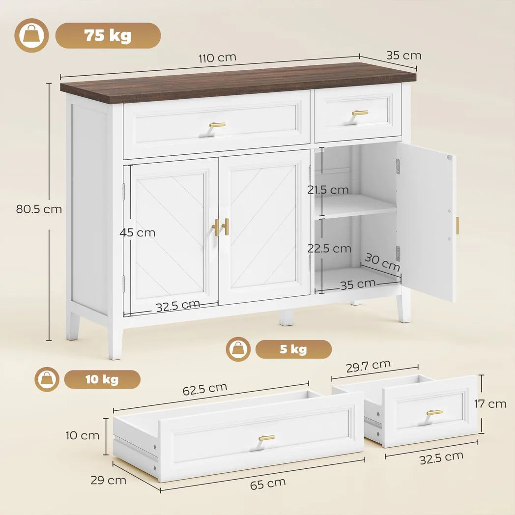 HOMCOM Modern Sideboard with 3 Doors, 2 Drawers and Adjustable Shelves – Buffet Storage Cabinet, White