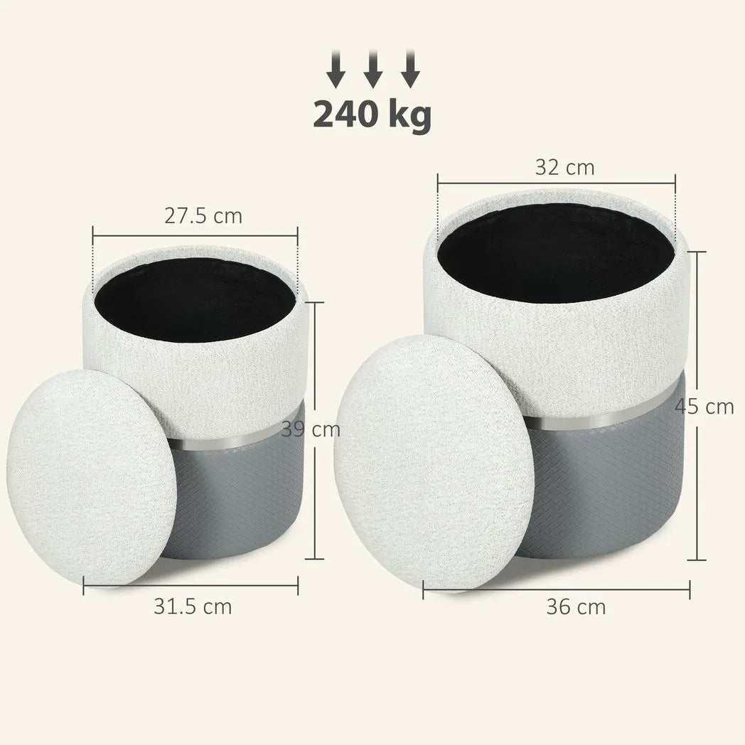 HOMCOM Nesting Round Storage Ottoman Set of 2 with Lift-Off Lids – Footstool and Vanity Stool, Cream and Grey
