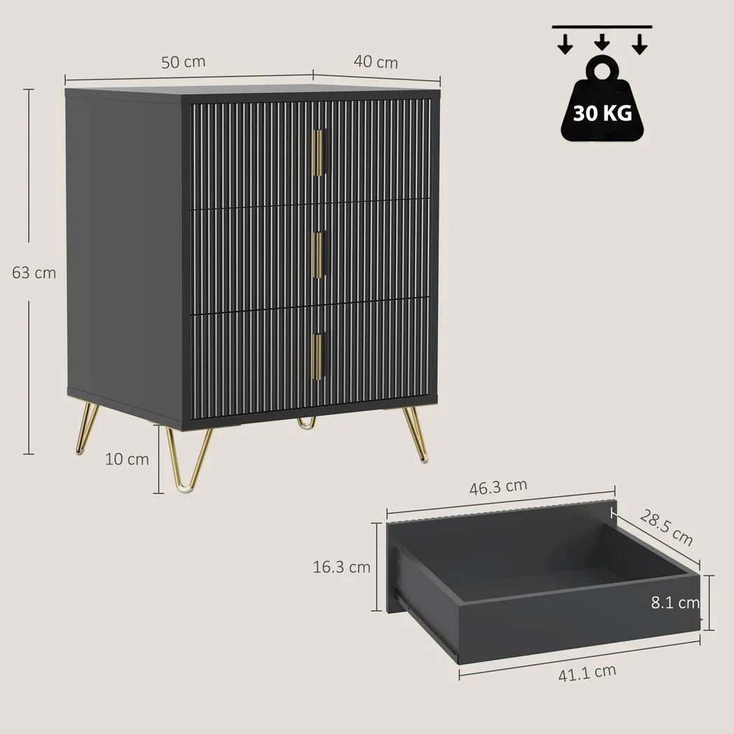 HOMCOM Modern Fluted 3 Drawer Dresser with Metal Legs and Gold-Colour Handles – Bedroom & Hallway Chest of Drawers, Black