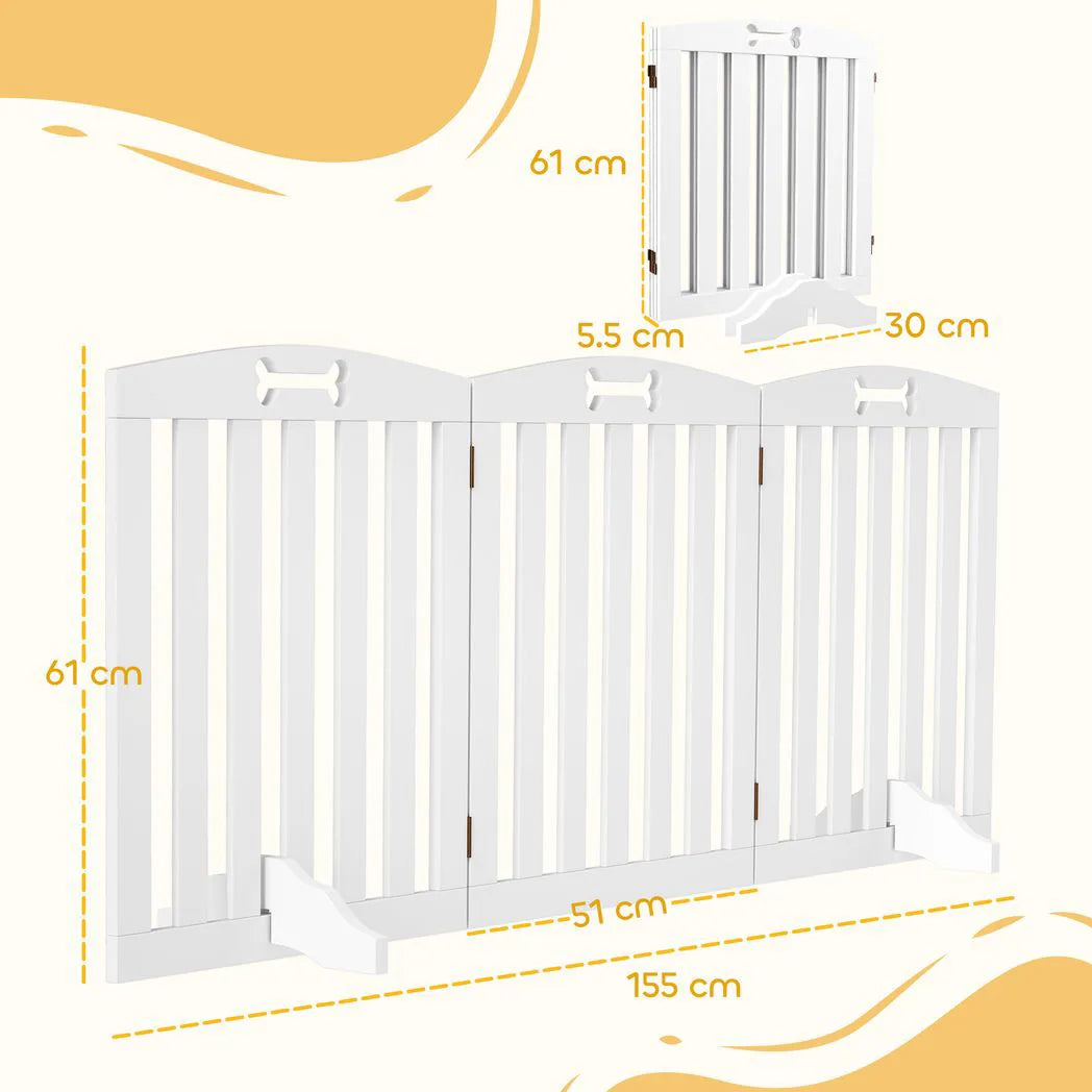 PawHut Freestanding Wooden Dog Gate with Support Feet – 155cm Foldable Three-Panel Barrier, White