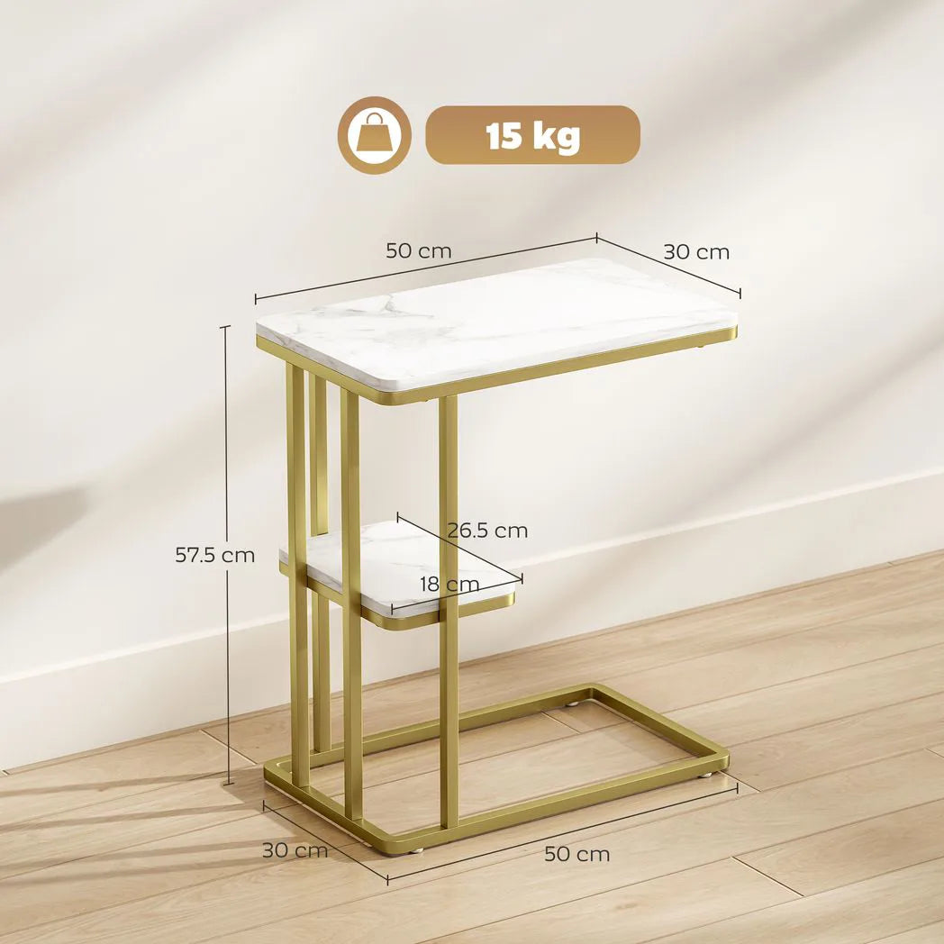 HOMCOM C-Shaped Narrow Side Table with 2-Tier Storage – Slim Sofa Table or Nightstand, White Marble Effect