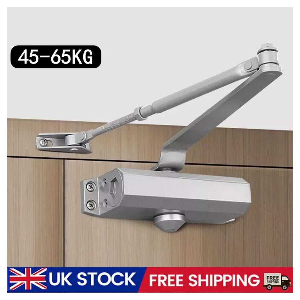 Heavy Duty Hydraulic Overhead Door Closer for 45–65 kg Doors, Adjustable Soft Close, Silver