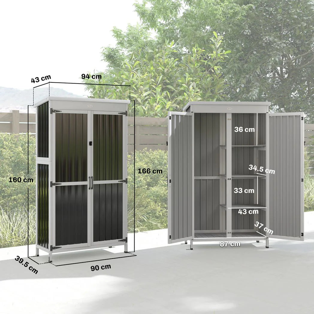 Outsunny Outdoor Storage Cabinet with 3 Removable Shelves and Asphalt Roof – Wood and Steel Garden Tool Shed, White and Black