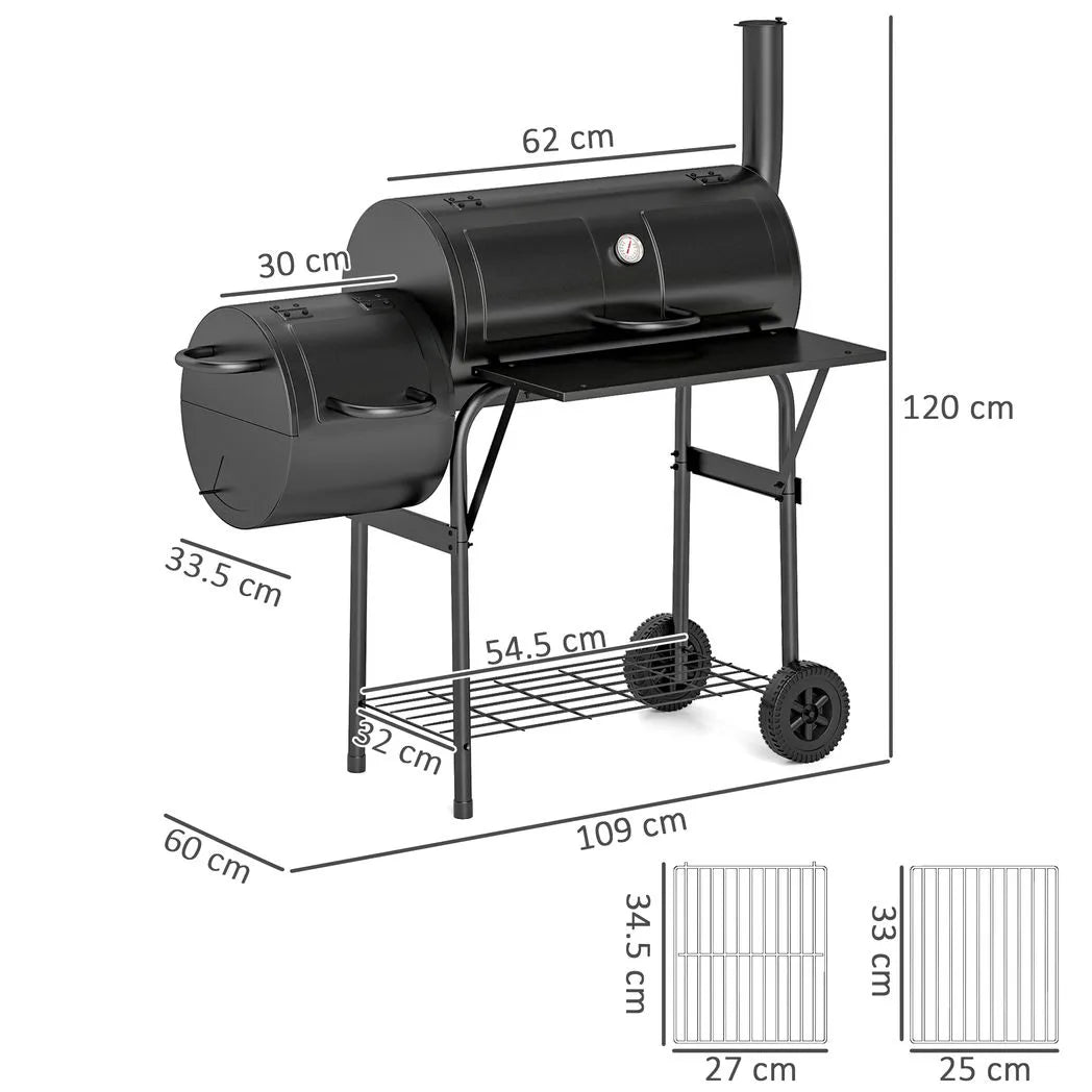 Outsunny Charcoal BBQ Grill with Offset Smoker, Thermometer Lid and Shelves – Garden Barbecue, Black