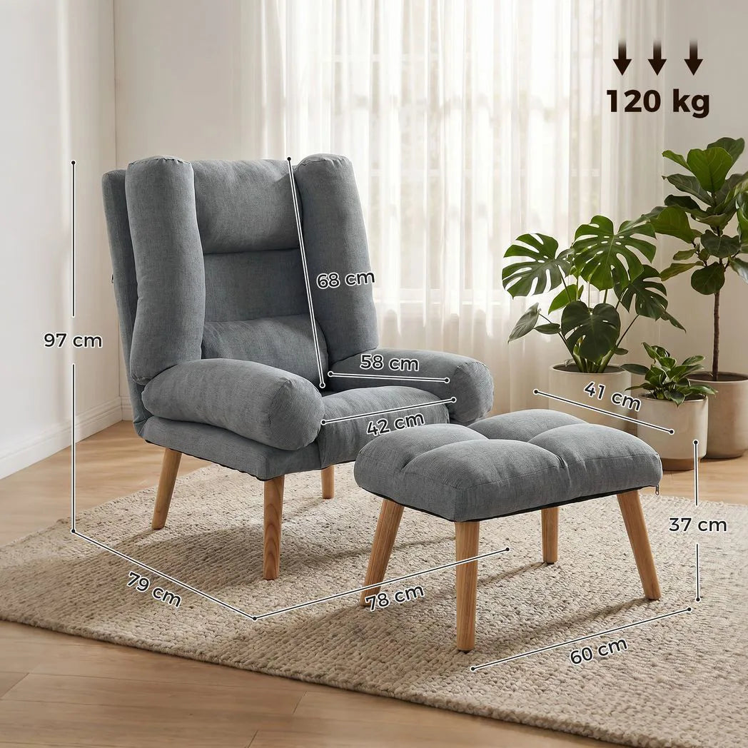 HOMCOM Recliner Chair with Footstool – Armchair with 3-Position Backrest and Wooden Legs, Grey