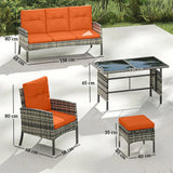 Outsunny 6 Piece Rattan Garden Sofa and Dining Set with Glass Table and Cushions, Orange