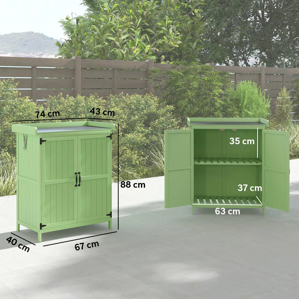 Outsunny Wooden Garden Tool Storage Cabinet with Hinged Roof, Double Doors and 2 Shelves – Light Green