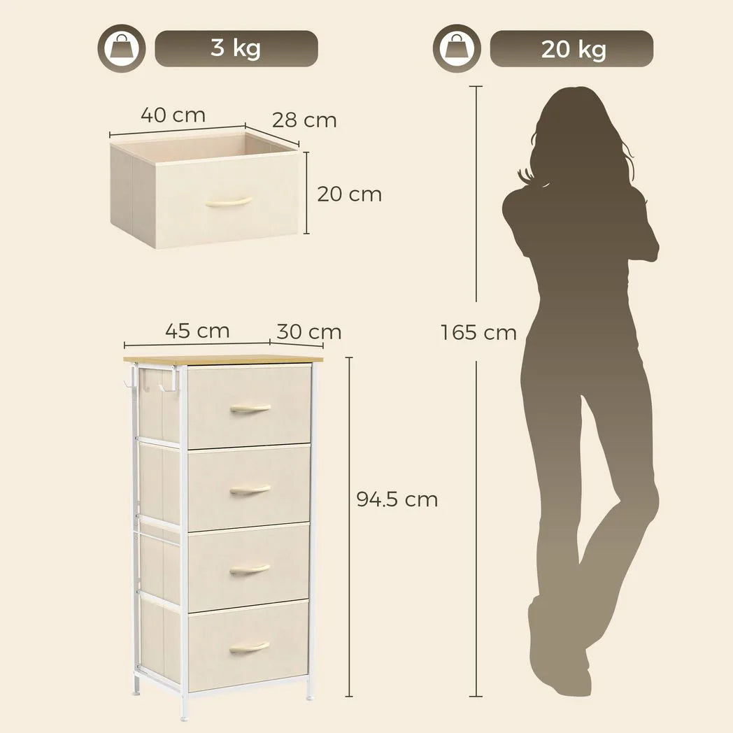 HOMCOM Chest of Drawers with 4 Fabric Drawers, 2 Hooks and Steel Frame – Tall Bedroom Storage Unit, Beige