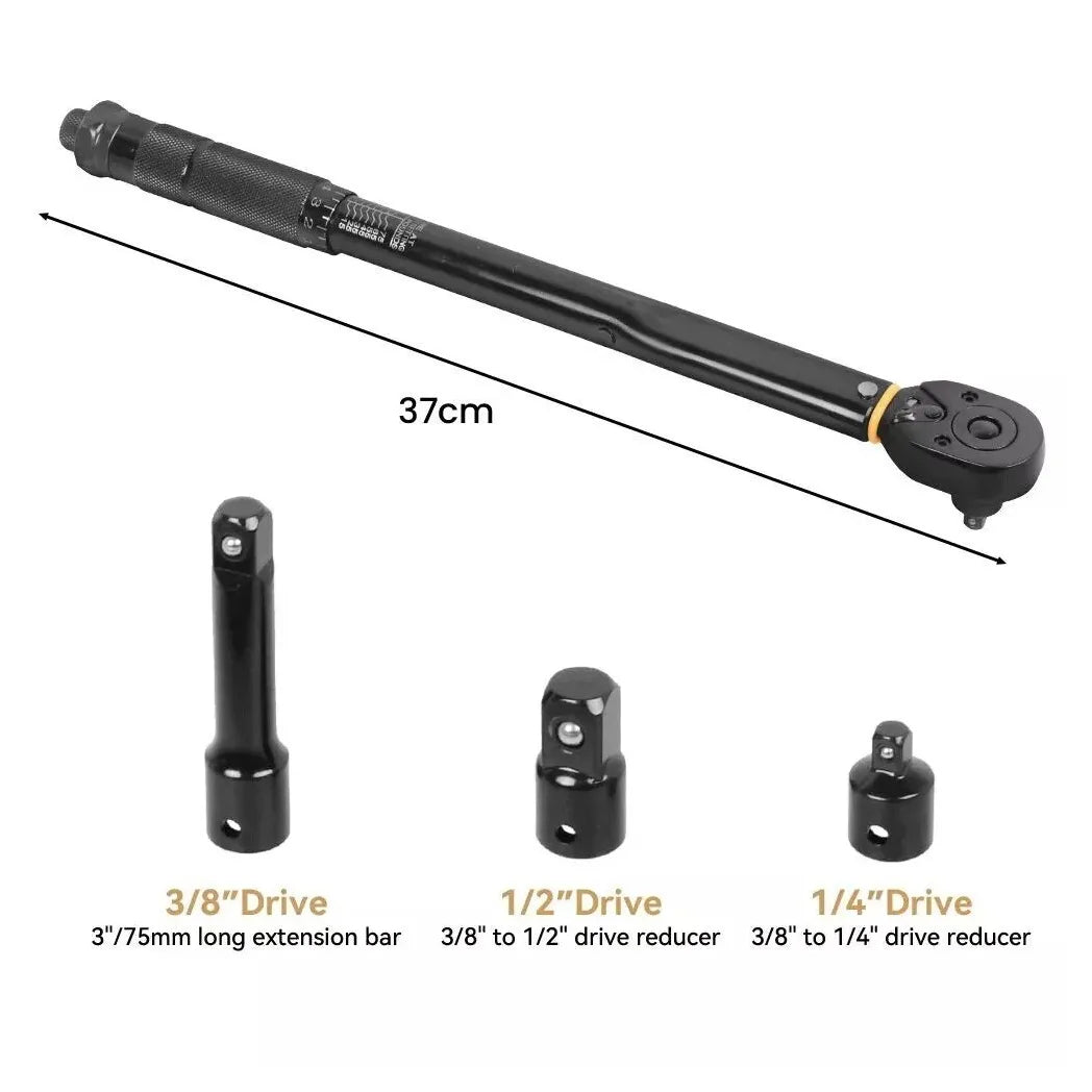 3/8" Drive Click Torque Wrench Set, 13.6–108.5Nm – with 1/4" & 1/2" Adapters, Extension Bar & Case